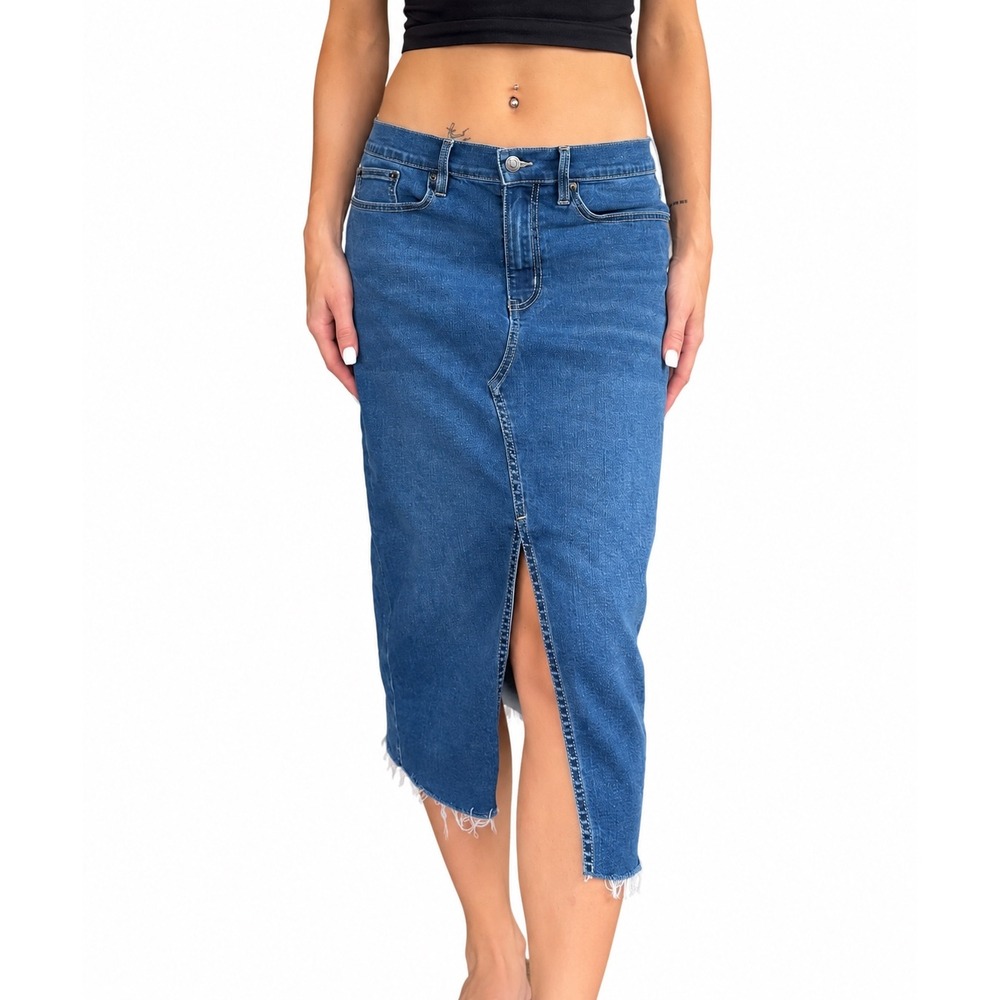 Calvin Klein Denim Midi Skirt Front Slit Frayed Hem